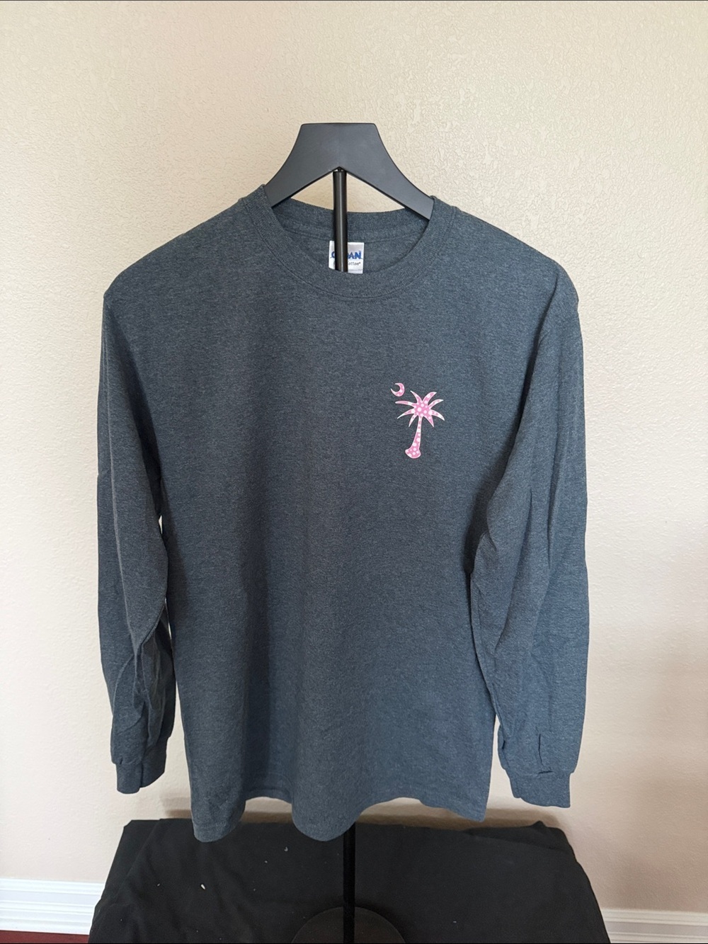 Gildan Charcoal Long Sleeve Tee with Pink Palm and Crescent